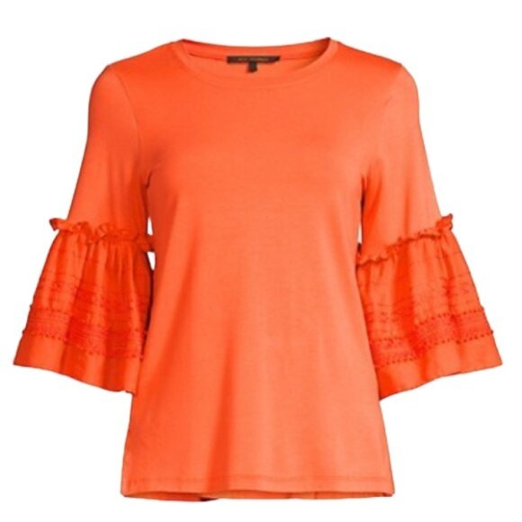 KOBI HALPERIN Embroidered Ruffle Flutter Bell Sleeve Jersey Top Blouse Tangerine - Picture 5 of 16